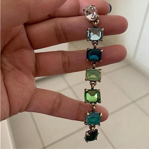 Antique Gold Emerald Cut Crystal Opal Sapphire Aquamarine Tassel Drop Earrings - Picture 10 of 13